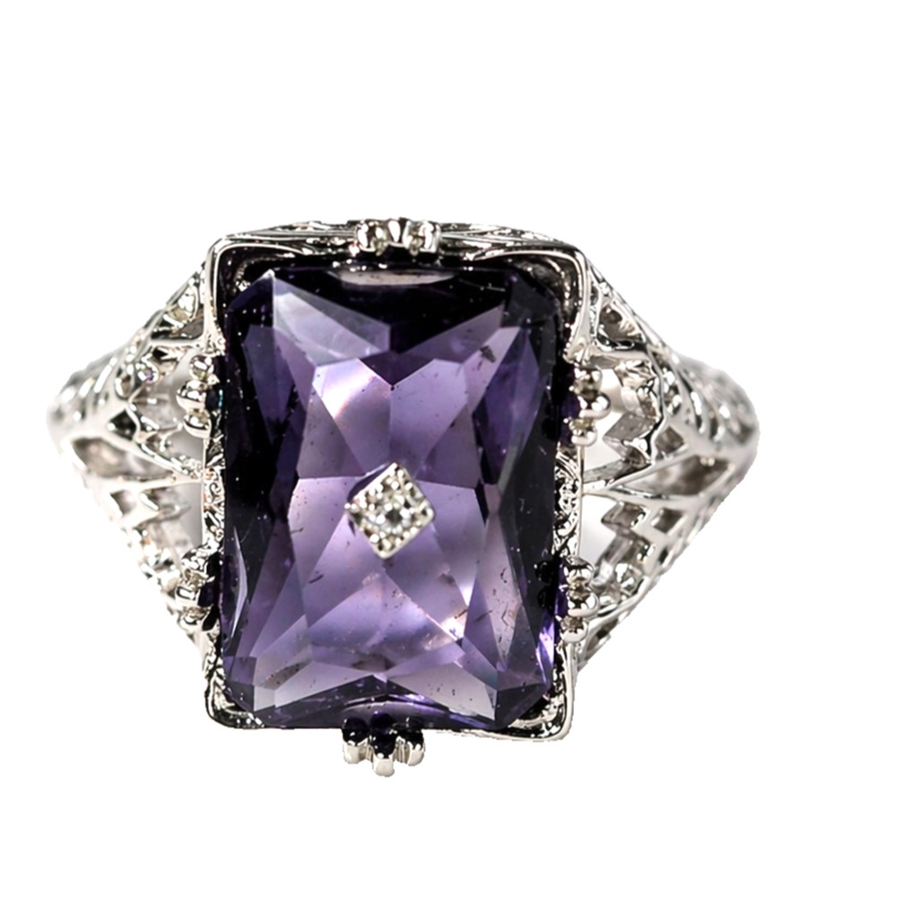 Purple Faceted Glass Victorian Style Filigree Silver Tone Ring size 7.5 R-TN30